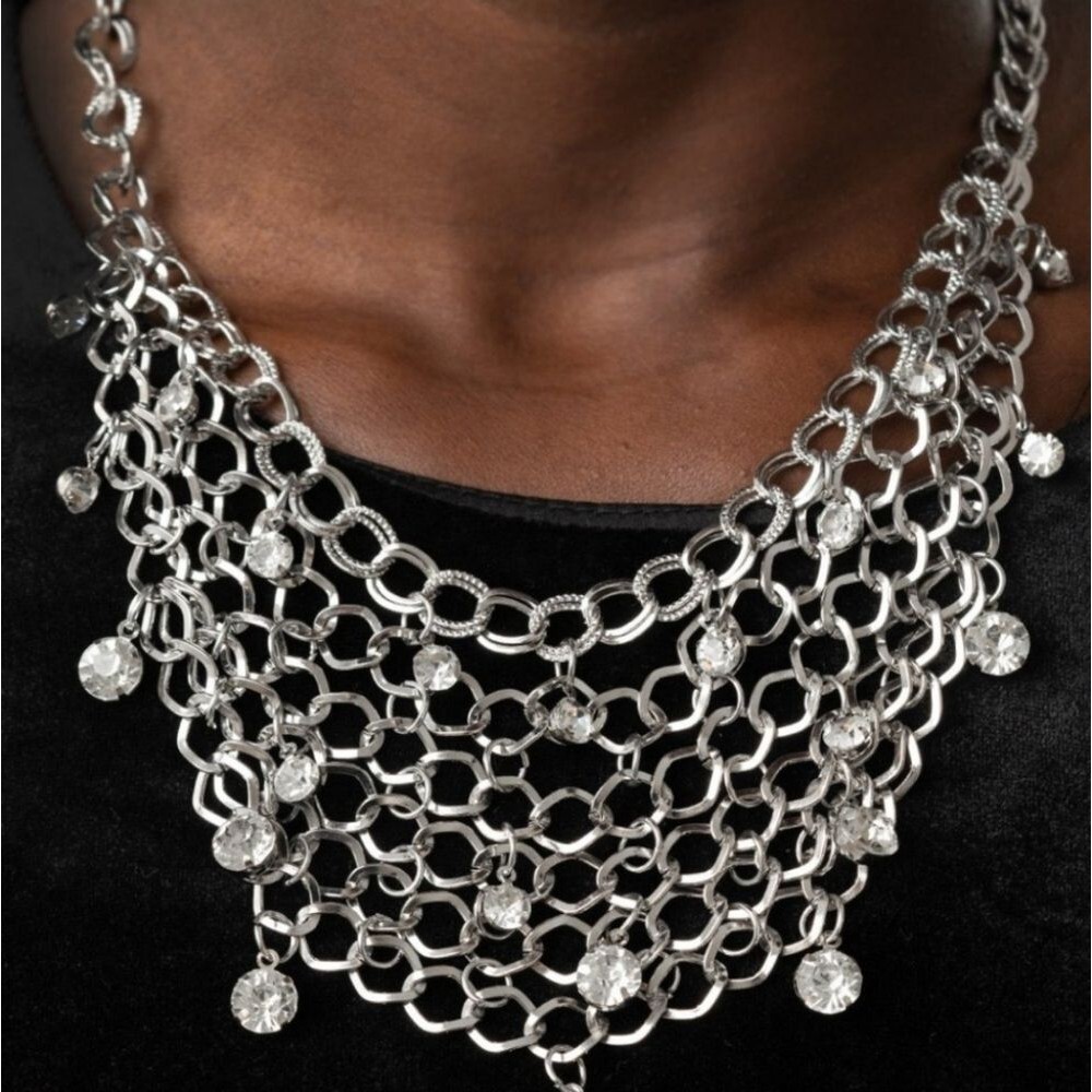 Silver Fishnet Link Necklace Set & Matching Earrings Rhinestone Fashion Jewelry